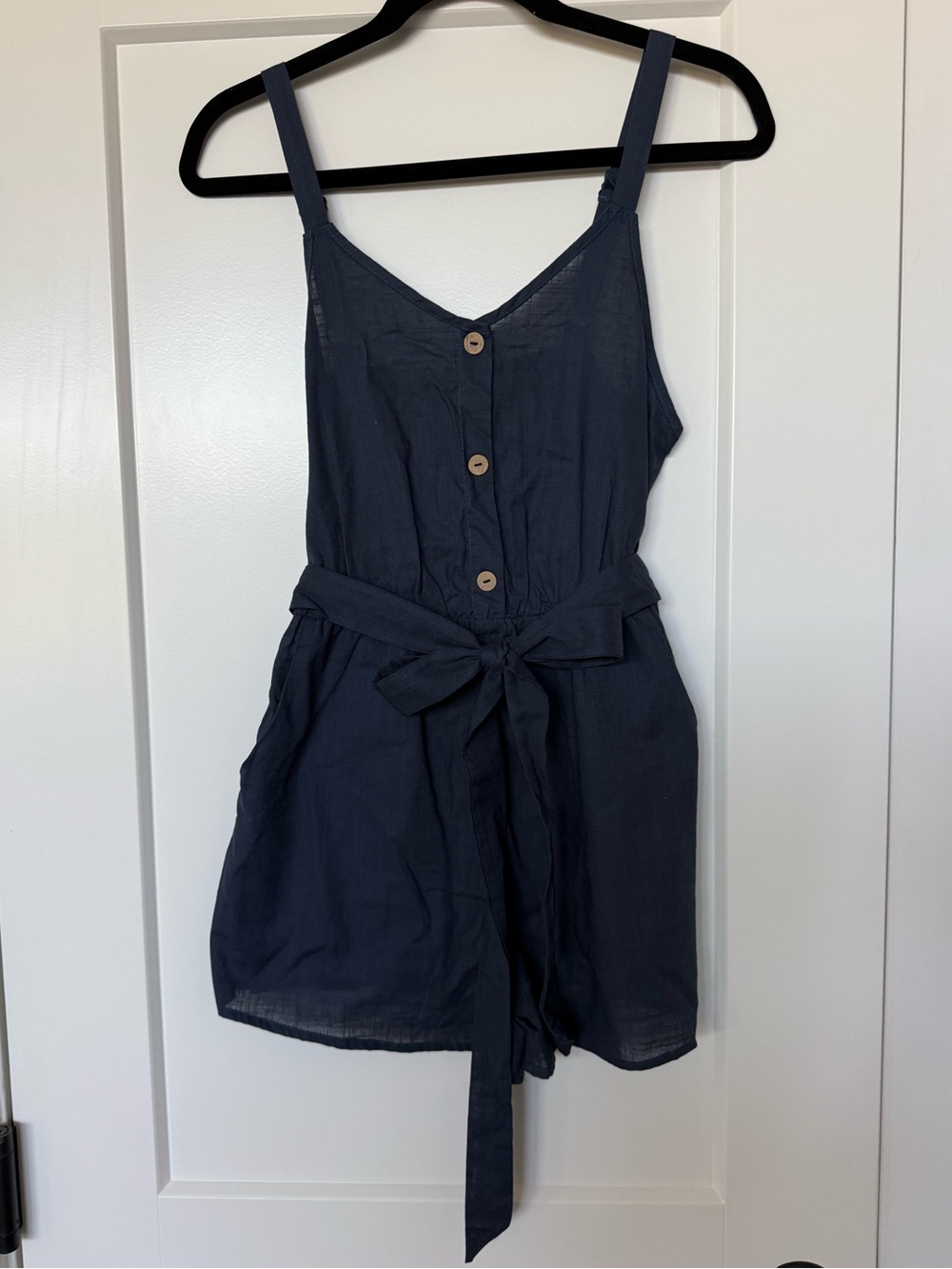 SHEIN Navy Blue Linen Button-Front Tie-Waist Romper